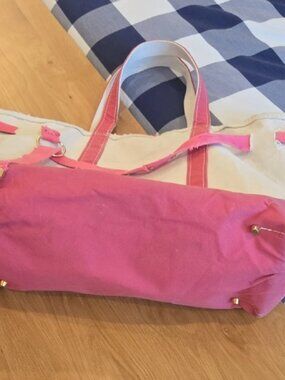 L.L. Bean Pink and Cream Tote Bag, Customized, Distressed, XL, GUC, Zipper